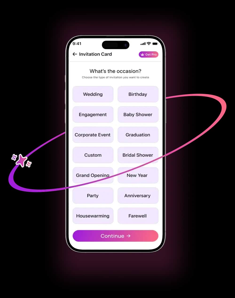 Choosing an event type in an AI Invitation Maker workflow