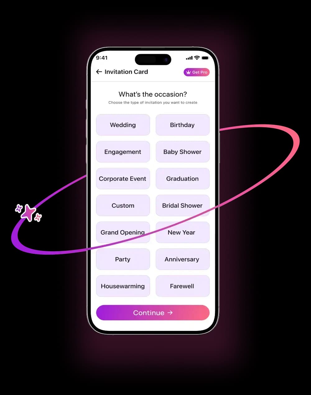 Choosing an event type in an AI Invitation Maker workflow
