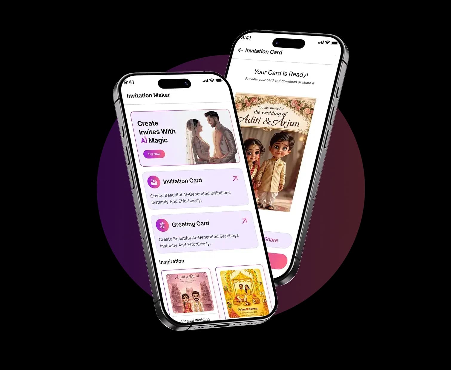 AI Invitation Maker app preview with invitation cards and greeting designs